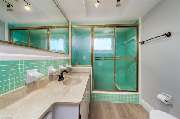 Bathroom, Glass Shower, Interior, Wood Texture Flooring