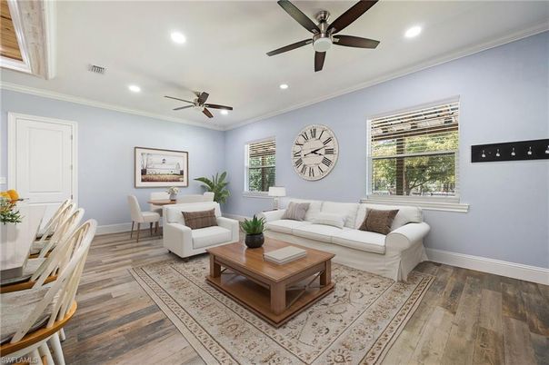 Dining room, Interior, Living room, Recessed Lighting, Wood Texture Flooring
