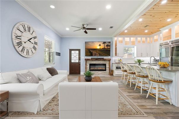 Fireplace, Interior, Kitchen, Living room, Recessed Lighting, Wooden Ceilings, Wood Texture Flooring