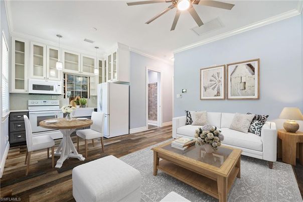 Dining room, Interior, Kitchen, Living room, Pendant Lights, Wood Texture Flooring