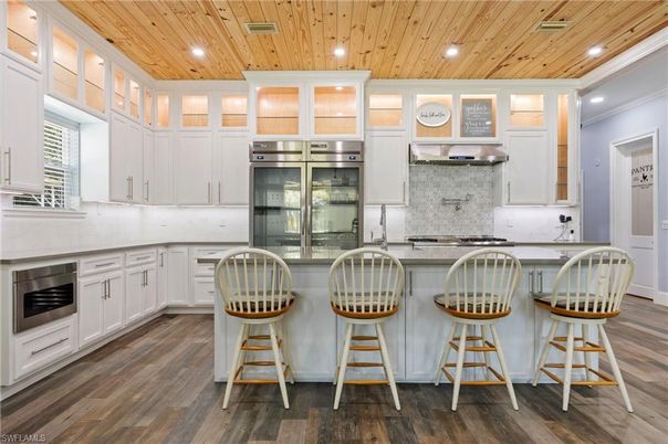 Interior, Kitchen, Recessed Lighting, Stainless Steel Appliances, Wooden Ceilings, Wood Texture Flooring