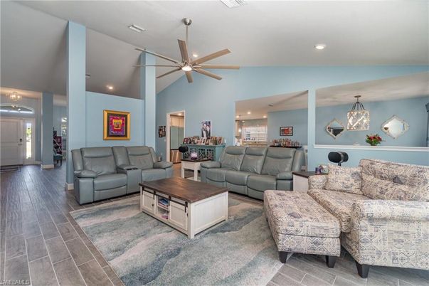 Interior, Living room, Pendant Lights, Recessed Lighting, Wood Texture Flooring
