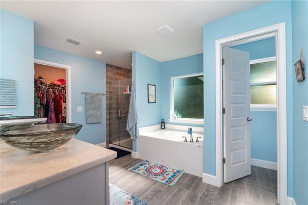 Bathroom, Glass Shower, Interior, Recessed Lighting, Wood Texture Flooring