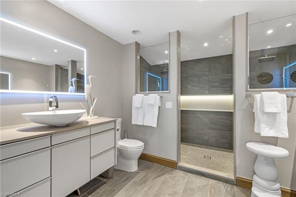 Bathroom, Glass Shower, Interior, Recessed Lighting, Wood Texture Flooring