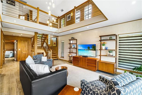 Interior, Living room, Pendant Lights, Recessed Lighting, Wood Texture Flooring, Wooden Walls