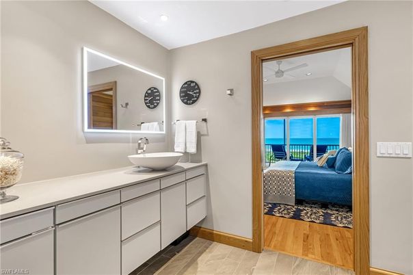 Bathroom, Bedroom, Dual Sink Vanities, Interior, Recessed Lighting, Wood Texture Flooring