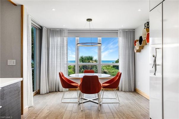 Dining room, Interior, Pendant Lights, Recessed Lighting, Water, Wood Texture Flooring