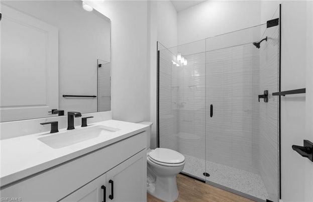 Bathroom, Glass Shower, Interior, Wood Texture Flooring