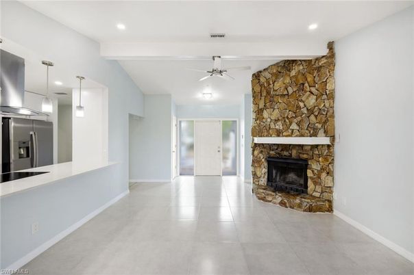 Fireplace, Interior, Pendant Lights, Recessed Lighting, Stone Walls