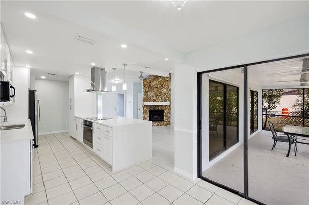 Dining room, Fireplace, Interior, Kitchen, Pendant Lights, Recessed Lighting, Stone Walls