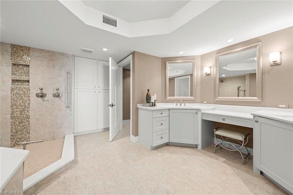 Bathroom, Dual Sink Vanities, Glass Shower, Interior, Recessed Lighting