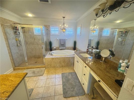 Bathroom, Chandelier, Dual Sink Vanities, Glass Shower, Interior, Recessed Lighting