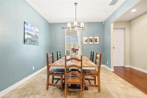 Dining room, Interior, Pendant Lights, Recessed Lighting, Wood Texture Flooring