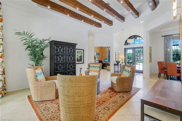 Dining room, Interior, Living room, Recessed Lighting, Wooden Beams