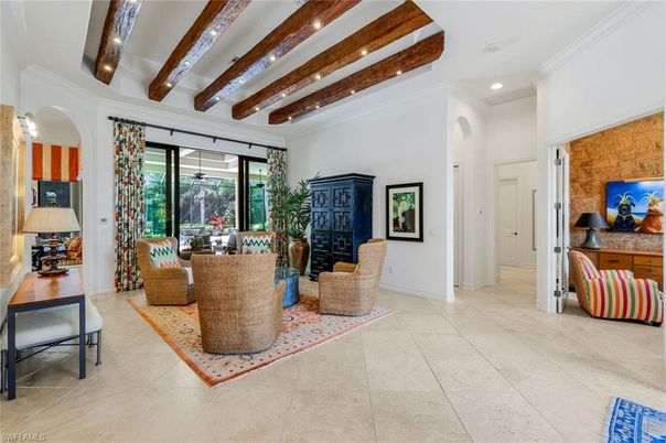 Interior, Living room, Recessed Lighting, Stone Walls, Wooden Beams