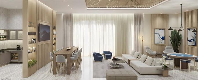 Dining room, Interior, Living room, Pendant Lights, Recessed Lighting, Wood Texture Flooring