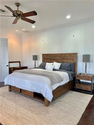 Bedroom, Interior, Recessed Lighting, Wood Texture Flooring