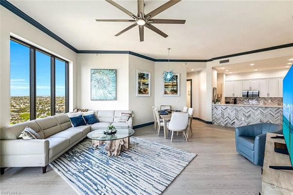 Dining room, Interior, Kitchen, Living room, Recessed Lighting, Stainless Steel Appliances, Wood Texture Flooring