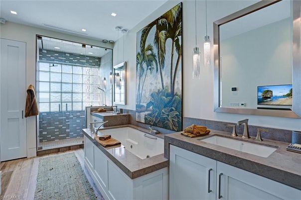 Bathroom, Dual Sink Vanities, Interior, Pendant Lights, Recessed Lighting, Wood Texture Flooring