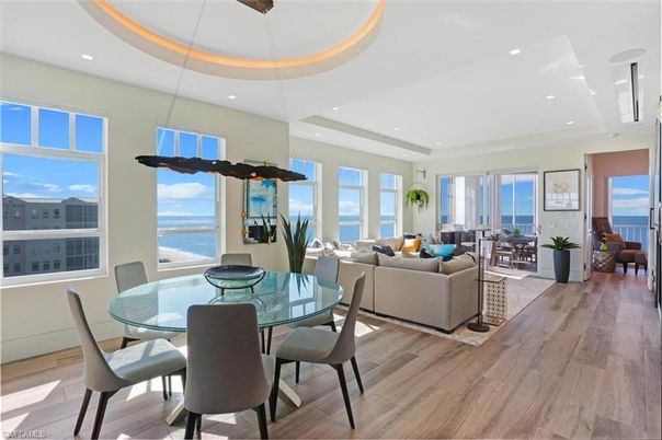 Dining room, Interior, Living room, Pendant Lights, Recessed Lighting, Water, Wood Texture Flooring