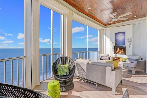 Fireplace, Interior, Living room, Recessed Lighting, Water, Wooden Ceilings, Wood Texture Flooring