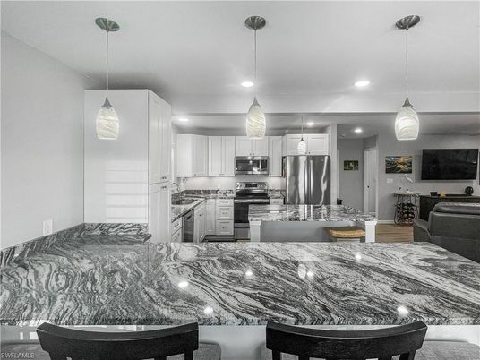 Interior, Kitchen, Pendant Lights, Recessed Lighting, Stainless Steel Appliances, Wood Texture Flooring