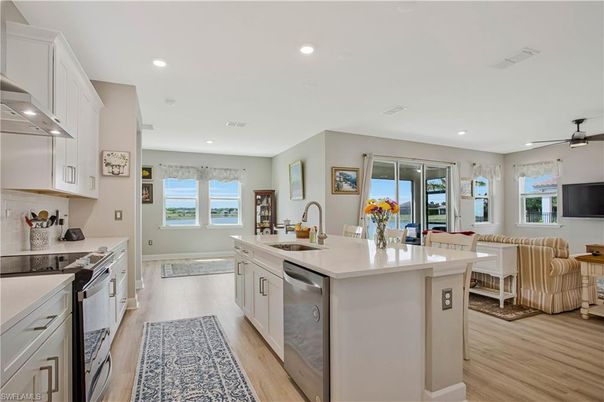 Interior, Kitchen, Living room, Recessed Lighting, Wood Texture Flooring