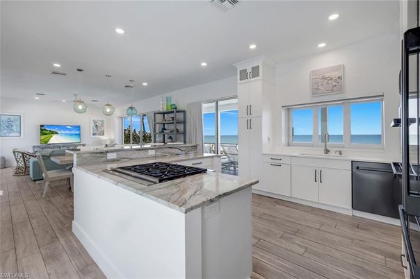 Dining room, Interior, Kitchen, Pendant Lights, Recessed Lighting, Water, Wood Texture Flooring
