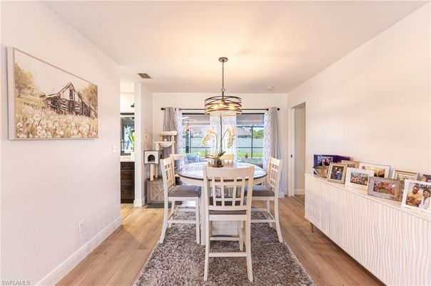 Dining room, Interior, Pendant Lights, Wood Texture Flooring