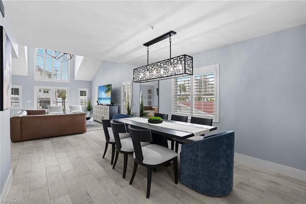 Dining room, Interior, Living room, Pendant Lights, Wood Texture Flooring