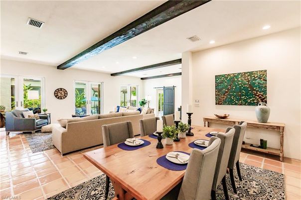 Dining room, Interior, Living room, Recessed Lighting, Wooden Beams