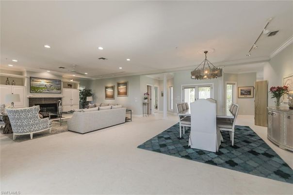 Chandelier, Dining room, Fireplace, Interior, Living room, Recessed Lighting