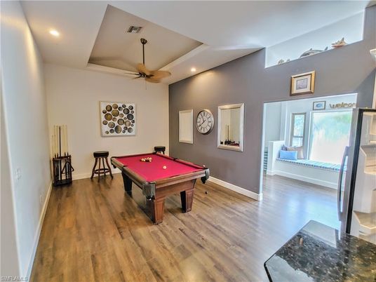 Billiard Table, Game Room, Interior, Recessed Lighting, Wood Texture Flooring