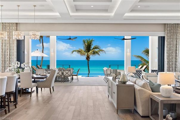 Dining room, Interior, Living room, Pendant Lights, Recessed Lighting, Water, Wood Texture Flooring