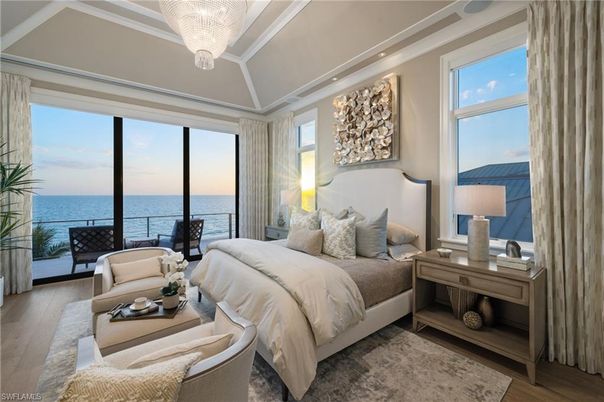 Bedroom, Chandelier, Interior, Recessed Lighting, Water, Wood Texture Flooring