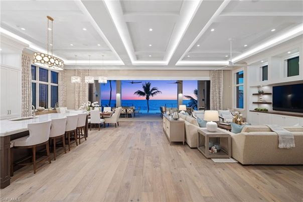 Dining room, Interior, Living room, Pendant Lights, Recessed Lighting, Water, Wood Texture Flooring