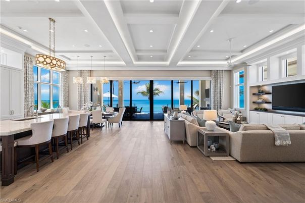 Dining room, Interior, Living room, Pendant Lights, Recessed Lighting, Water, Wood Texture Flooring