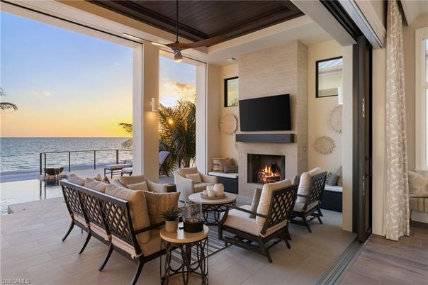 Fireplace, Interior, Living room, Pendant Lights, Water, Wooden Ceilings, Wood Texture Flooring