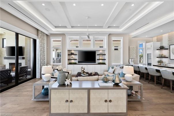 Dining room, Fireplace, Interior, Living room, Pendant Lights, Recessed Lighting, Wood Texture Flooring