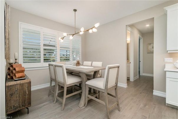 Dining room, Interior, Pendant Lights, Recessed Lighting, Wood Texture Flooring