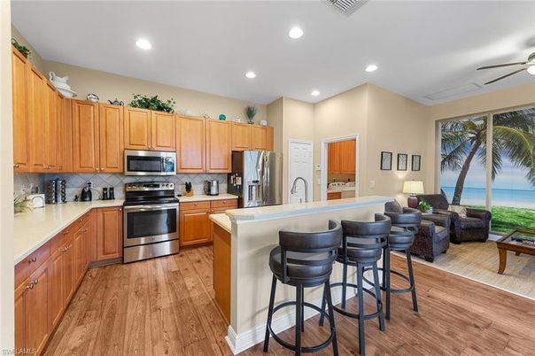 Interior, Kitchen, Living room, Recessed Lighting, Stainless Steel Appliances, Wood Texture Flooring