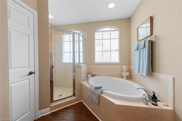 Bathroom, Glass Shower, Interior, Recessed Lighting, Wood Texture Flooring
