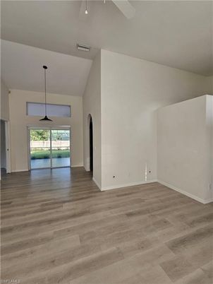 Empty room, Interior, Pendant Lights, Wood Texture Flooring