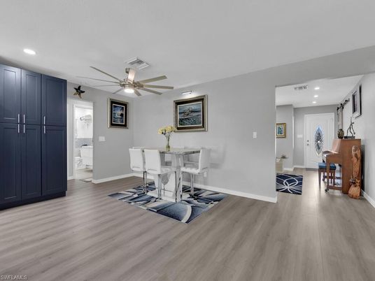 Dining room, Interior, Piano, Recessed Lighting, Wood Texture Flooring