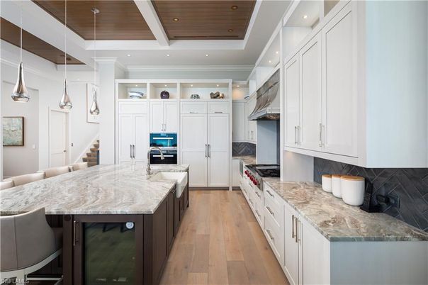 Interior, Kitchen, Pendant Lights, Recessed Lighting, Stainless Steel Appliances, Wooden Ceilings, Wood Texture Flooring