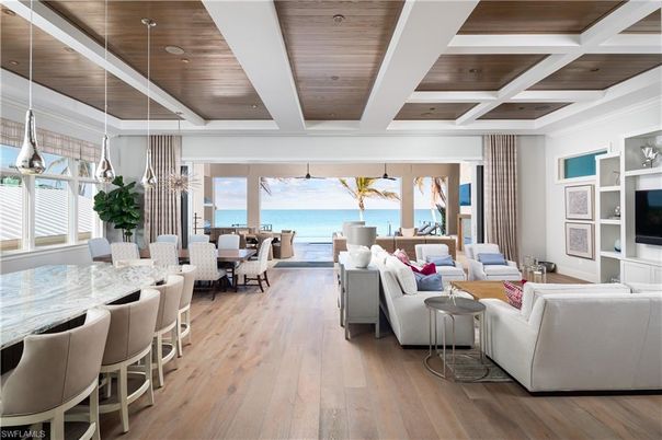 Dining room, Interior, Living room, Pendant Lights, Water, Wooden Ceilings, Wood Texture Flooring