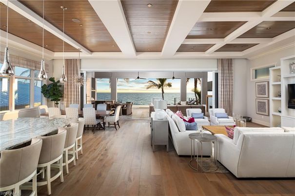 Dining room, Interior, Living room, Pendant Lights, Recessed Lighting, Water, Wooden Ceilings, Wood Texture Flooring