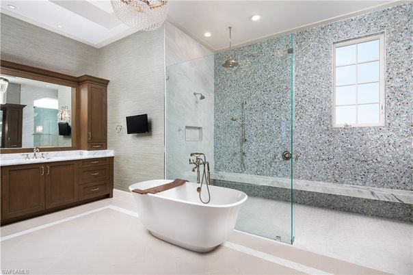 Bathroom, Dual Sink Vanities, Free Standing Baths, Glass Shower, Interior, Marble Walls, Recessed Lighting