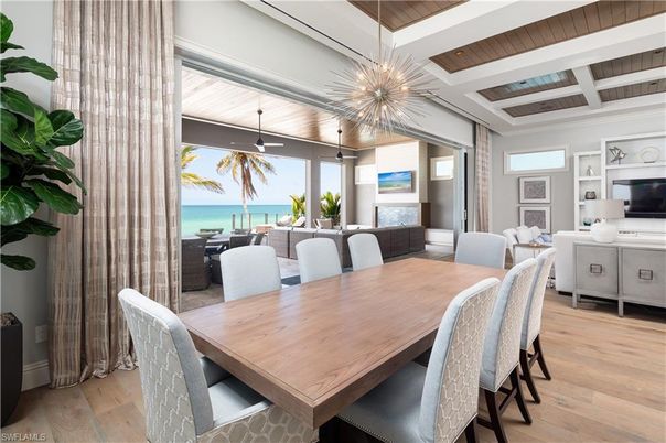 Dining room, Interior, Living room, Pendant Lights, Water, Wooden Ceilings, Wood Texture Flooring