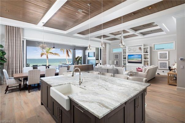 Dining room, Interior, Kitchen, Living room, Pendant Lights, Recessed Lighting, Water, Wooden Ceilings, Wood Texture Flooring